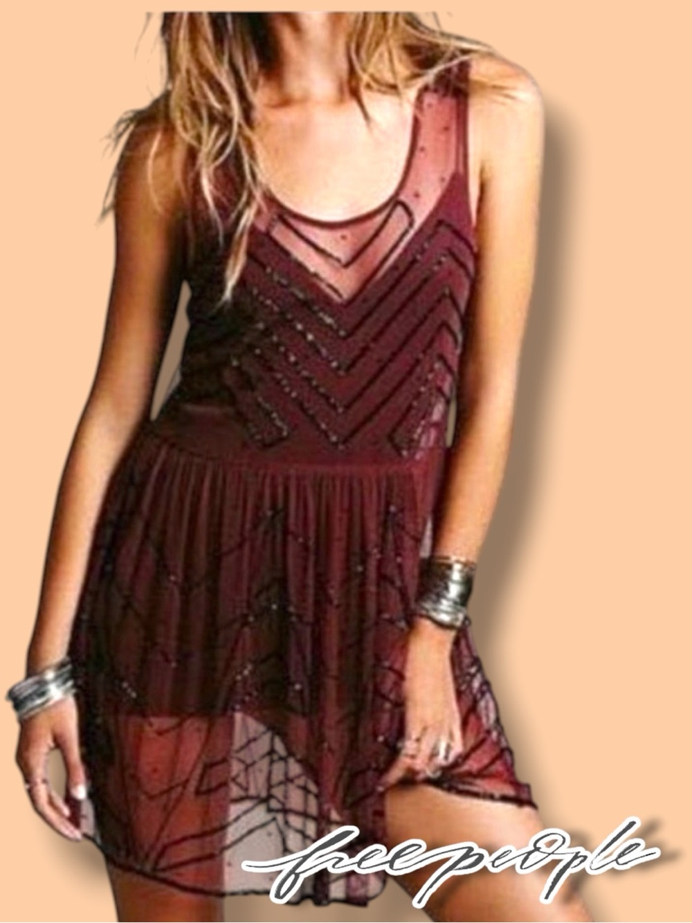 Irregular Free People Sheer Sequined Burgundy Tunic Dress. Size XS